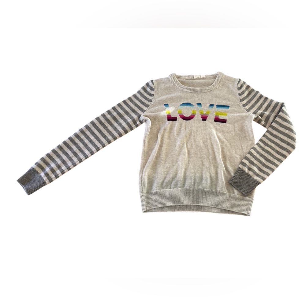 GAP Gray Striped Sweater with Rainbow Love Intarsia sweater